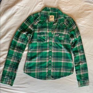 Hollister Green Plaid Flannel Button Up